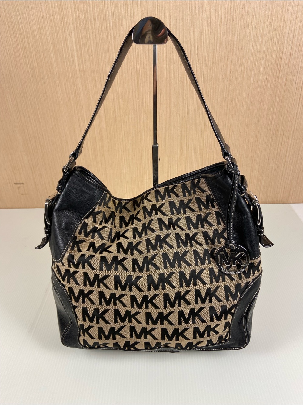 Michael Micheal Kors Signature Monogram Canvas Black Leather Hobo Shoulder Bag